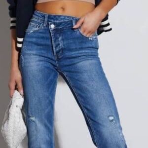 Vervet by Flying Monkey Lucy High Rise Cross Over Relaxed Distressed Jeans